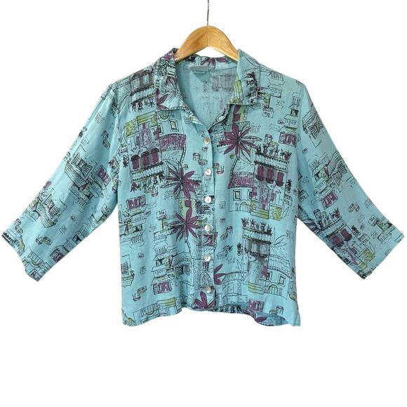 Habitat Linen Button Shirt Size M Cityscape Buildings Palm Trees Tropical Urban - Picture 1 of 9
